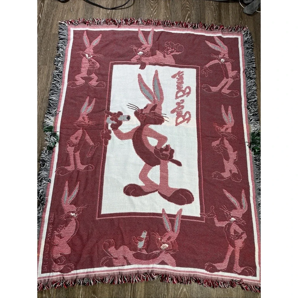 Vtg Looney Tunes Bugs Bunny Throw Blanket Tassle Fringe 1996 Warner Bros 44 x 57